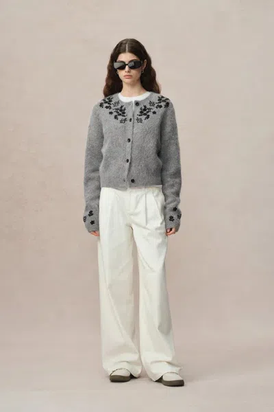 Fabrique Lucy Grey French Beaded Snake Zodiac Cardigan In Baby Alpaca Knit In Gray