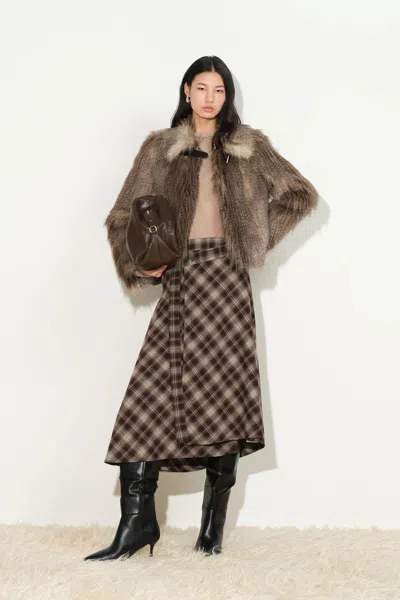 Fabrique Lucy Textured Lapel Cropped Jacket In Faux Fur In Brown