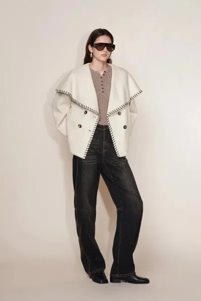 Fabrique Lumi Handworked Faux Leather Hem Cape Coat In Silk Wool Double Face In White