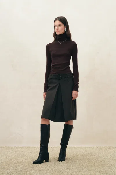 Fabrique Lumina Sheer Turtleneck Fitted Top In Wool Blend Knit In Brown