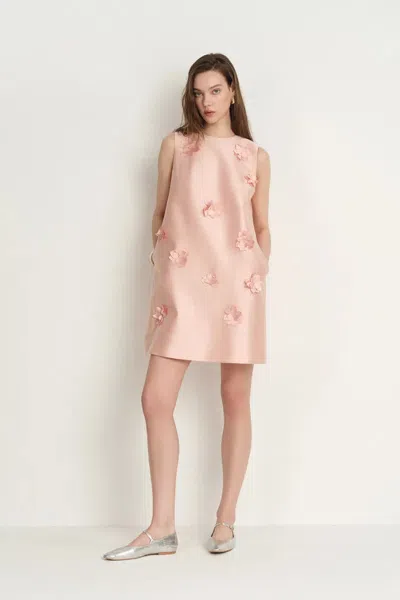 Fabrique Luminere Beaded Floral Applique Sleeveless Short Dress In Silk-wool Satin In Pink