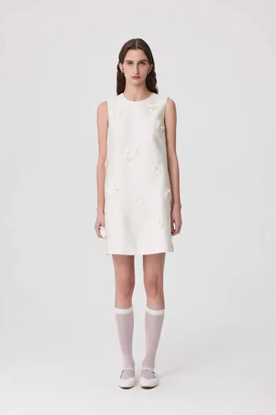 Fabrique Luminere Floral Embellished Dress In Silk Wool Satin In White