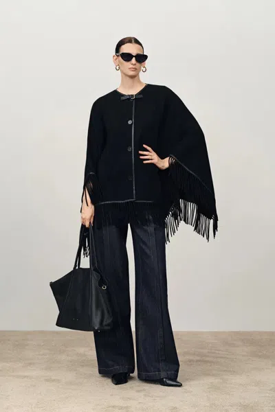 Fabrique Luna Contrast Leather Fringe Poncho In Merino Cashmere Knit In Black