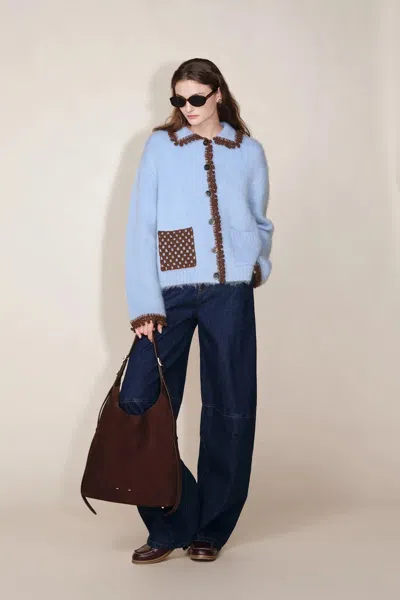 Fabrique Lvy Hand Crochet Pom Pom Cardigan In Mohair Blend Knit In Blue