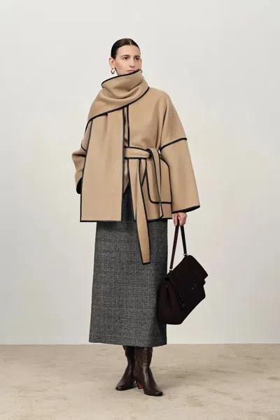 Fabrique Lycoris Leather Trim Double Face Wool Coat In Merino Cashmere In Nude