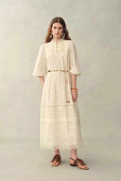 Fabrique Lyra Embroidery Beaded Waist Puff Sleeve Dress In Cotton Jacquard With Lace In Multi