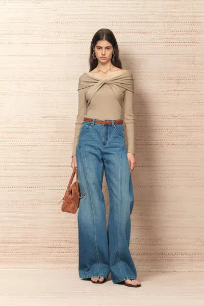 Fabrique Lyra Reversible Bow Off Shoulder Knit Top In Earth Tone