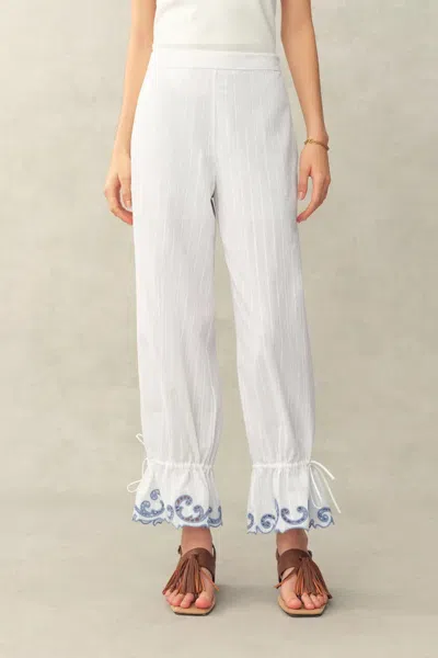 Fabrique Maggie Embroidery Drawstring Balloon Leg Pants In Cotton Jacquard In White