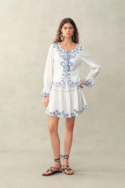 Fabrique Maggie Embroidery Resort Wear Tie Front Sheer Shirt And Skirt Set In Cotton Jacquard In Multi