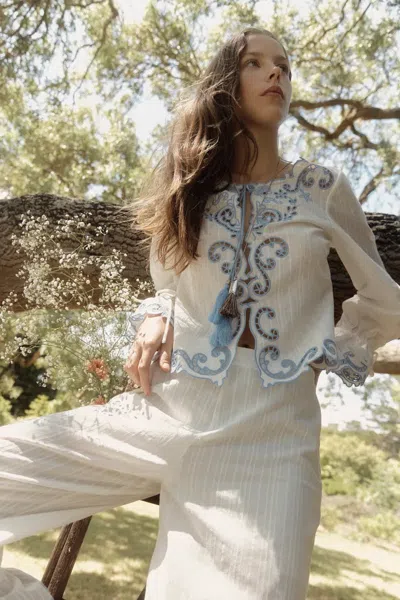Fabrique Maggie Embroidery Resort Wear Tie Front Sheer Shirt In Cotton Jacquard In White