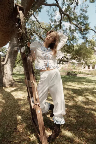 Fabrique Maggie Embroidery Tie Front Sheer Blouse And Pants In Cotton Jacquard In White