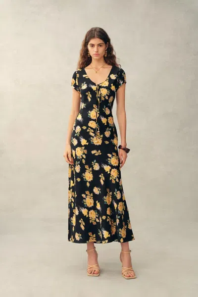 Fabrique Maggie Handpainted Floral Cinched Waist Dress In Silk Double Crepe In Multi