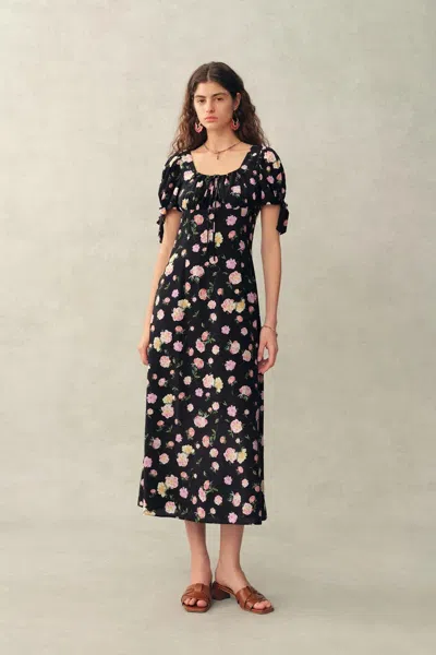 Fabrique Manon Floral Adjustable Tie-sleeve Dress In Stretch Silk Crepe De Chine In Black