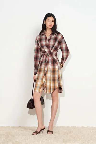 Fabrique Marcella Plaid Ombré Twist Front Shirt Dress In Cotton In Multi