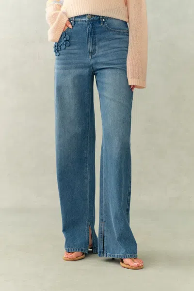 Fabrique Margaux 3d Floral Slit Jeans In Cotton Denim In Blue