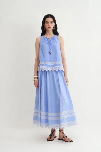 Fabrique Margherita Embroidery Sleeveless Top In Premium Cotton Poplin In Blue