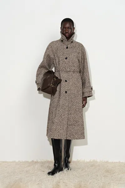 Fabrique Margot Flecked Herringbone Belted Long Coat In Wool Blend In Brown