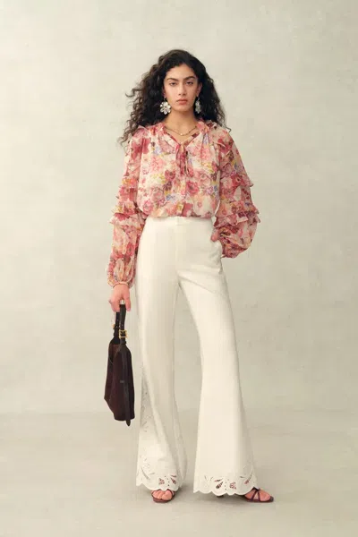 Fabrique Marie Hand-painted Print V-neck Ruffle Top In Sheer Chiffon In Multi