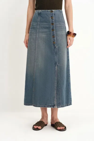 Fabrique Mariette Asymmetrical Placket Maxi Skirt In Cotton Denim In Blue