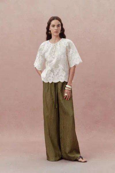 Fabrique Marjorie Embroidered Short Sleeve Blouse In Sheer Fabric Embroidery In White