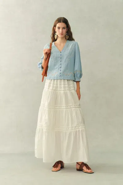Fabrique Marmont Pin Tuck Embroidery Blouse In Tencel Denim In Blue