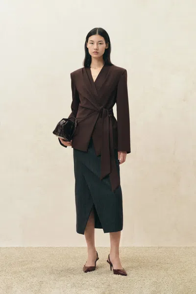 Fabrique Marora Wrap Look Cinched Blazer In Wool Blend In Purple