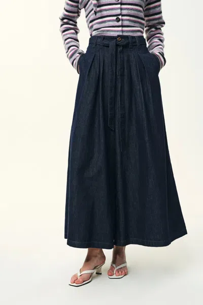 Fabrique Mathilde Waist Tie Skirt-style Pants In Hemp-blend Denim In Blue