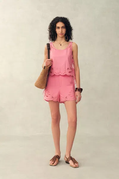 Fabrique Matthias Eyelet Tie Tank And Shorts Set In Pima Cotton Poplin In Pink