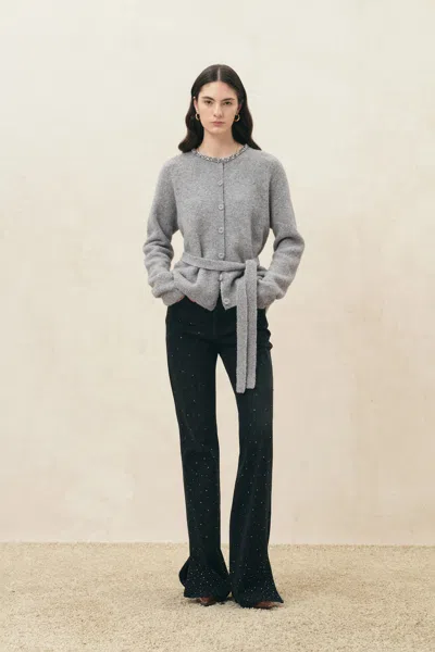 Fabrique Megan Crystal Embellished Belted Cardigan In Wool Blend In Grey