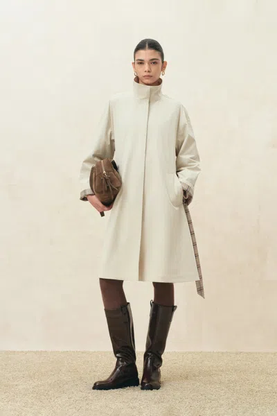 Fabrique Melody Plaid Accent Trench Coat In Cotton In Earth Tone