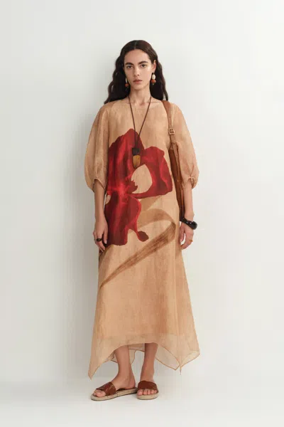 Fabrique Mia Flora Print Dress In Silk-linen In Brown