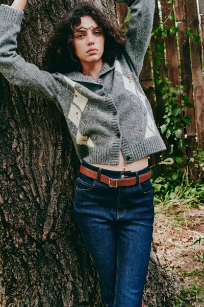 Fabrique Mia Hand Embroidery Argyle Cardigan In Wool Blend In Grey