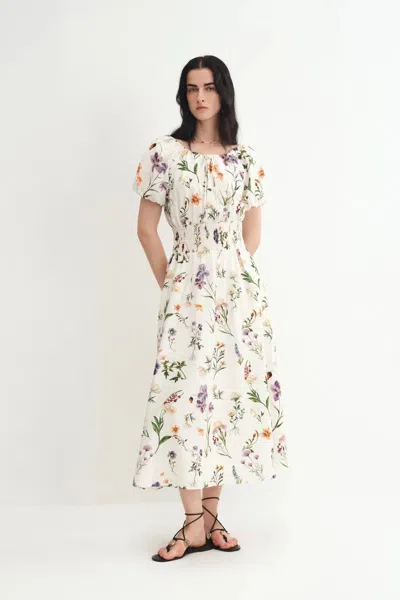 Fabrique Mia Hand Painted Floral Dress In Silk-cotton In Multi