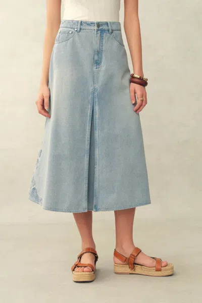 Fabrique Michel Embossed Flowers Midi Skirt In Cotton Denim In Blue