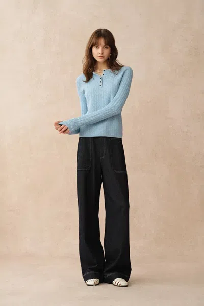 Fabrique Mika Blue Henley Neck Long Sleeve Top In Merino Wool Cable Knit