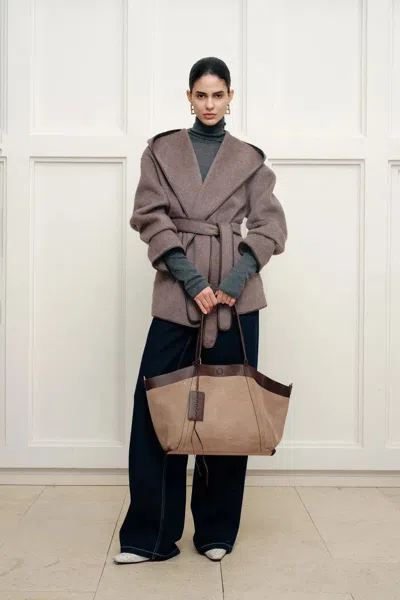 Fabrique Mila Belted Leather Trimmed Oversized Hooded Pea Coat In Double Face Merino Camel In Multi