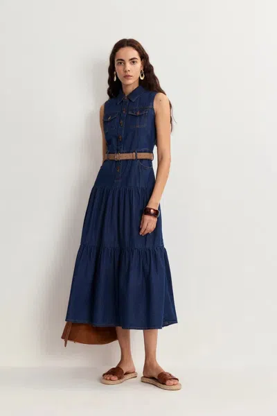 Fabrique Mila Pocketed Tiered Dress In Cotton Denim In Blue
