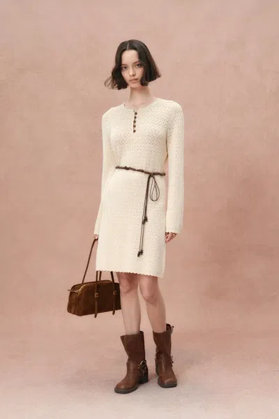 Fabrique Mira Heavy Shell Hem Long Sleeve Short Dress In Pearl Fiber Blend In White