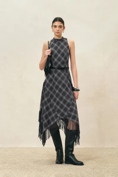 Fabrique Mona Plaid Asymmetric Fringed Belted Dress In Flannel In Gray