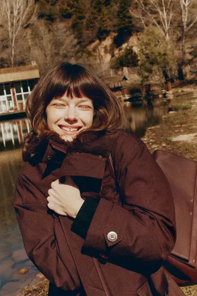 Fabrique Monica Water And Wind Repellent Fur Collar Down Jacket In Triple Protection Coat Fabric In Brown