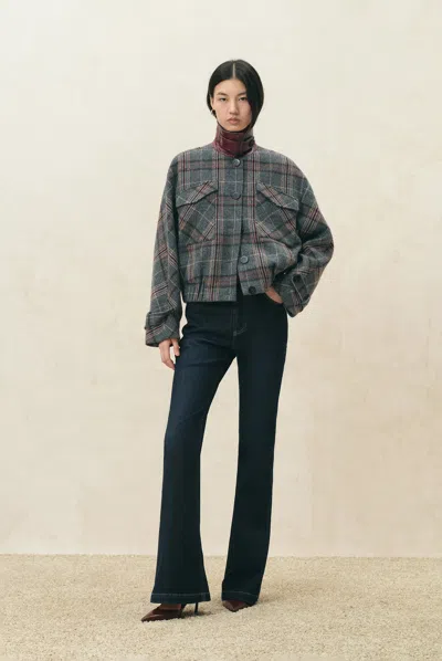 Fabrique Montnkar Plaid Leather Panel Bomber Jacket In Wool Blend In Grey