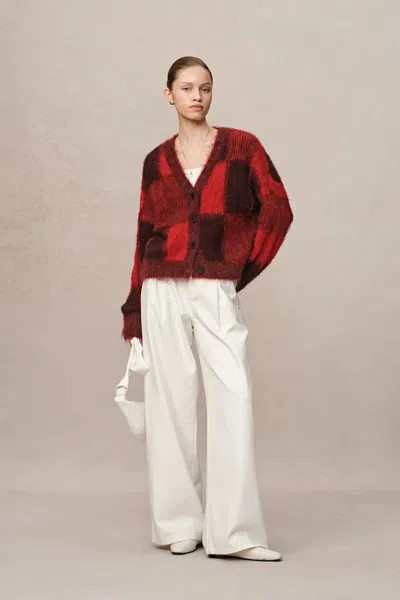 Fabrique Nacton Checked Cardigan In Baby Alpaca Knit In Red