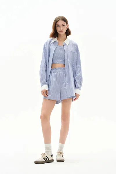 Fabrique Nao Casual Striped Shirt And Shorts Matching Set In Cotton Poplin In Blue