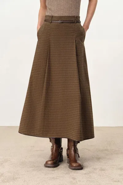 Fabrique Naomi Leather Belted Plaid Skirt In Cotton Flannel In Brown