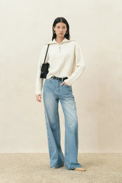 Fabrique Naomi Polo Sweater In Wool Blend Cable Knit In White