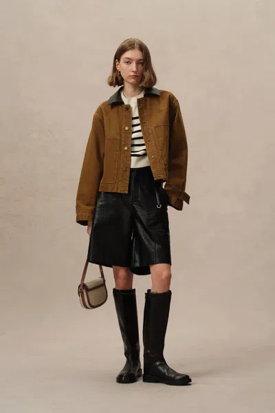 Fabrique Nechi Cropped Denim Jacket In Washed Cotton Denim In Brown