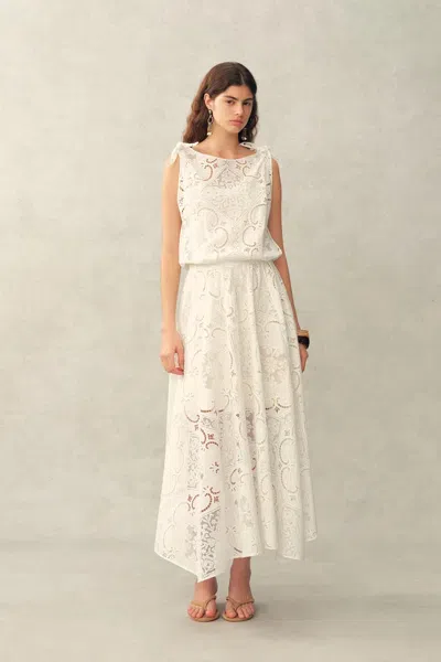 Fabrique Nellie Cutwork Embroidered Scarf Tie Layered Sleeveless Dress In 100% Cotton With Lace In White