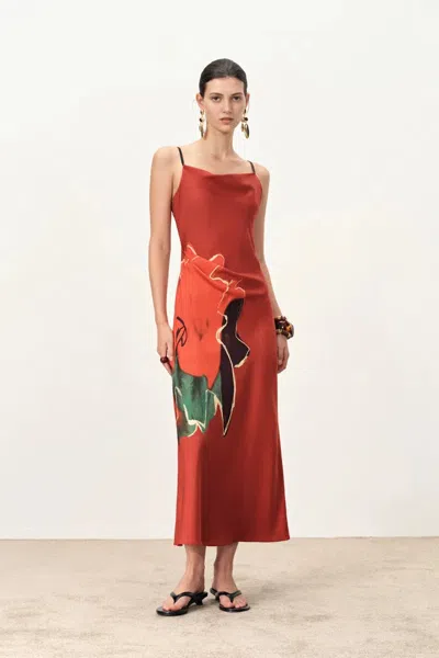 Fabrique Nellie Hand Painted Printed Slip Dress In Silk Satin In Red