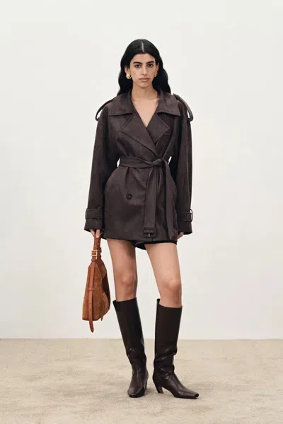 Fabrique Nellie Large Lapel Short Trench Coat In Faux Suede