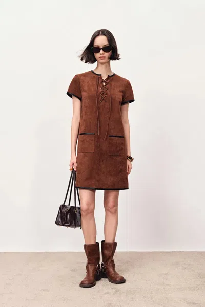 Fabrique Nevaeh Hand Applied Contrast Leather Trim Short Dress In Ultrasuede In Brown